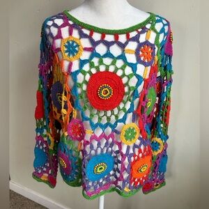 Vtg MY Knitted By Hand OS Crochet Granny Squares Beaded Cardigan Cottagecore